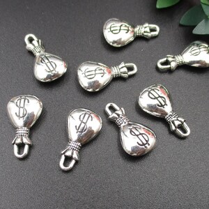 10 ciondoli a forma di dollaro in argento a forma di sacchetto per soldi, 17 x 10 mm, 2 lati - p2457