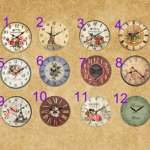 May include: Twelve vintage-style wall clocks with various designs, including floral, Eiffel Tower, and Roman numeral faces. The clocks are arranged in a grid pattern on a brown background.