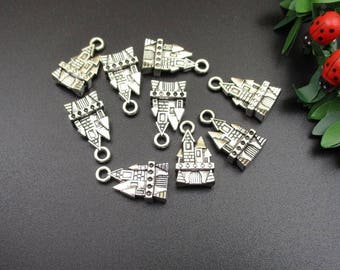 10pcs, 21x11mm, 3D argent Château charmes, 2 face-p1015-B