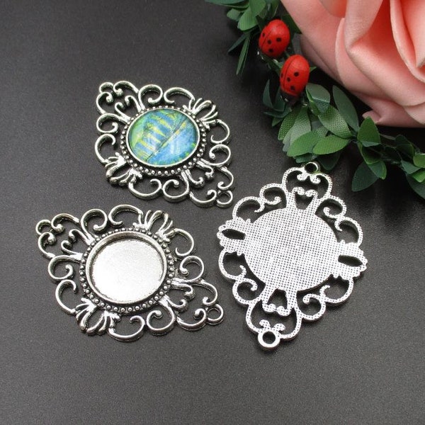 5pcs 18mm Round Cabochon Base Setting ,18mm Bezel Pendants,Antique Silver Tone-b2069-B