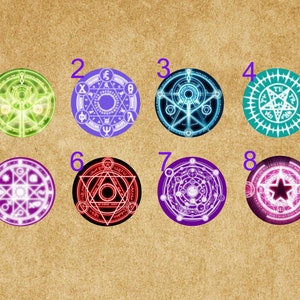 May include: Eight different circular designs with glowing neon colors and intricate patterns. Each design is numbered 1 through 8.