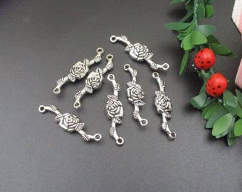 10Pcs 34x9mm Rose Flower Connector Charms Antique Silver Tone 2 Sided- p1189-B