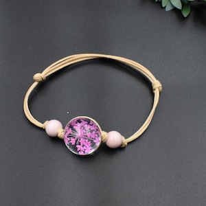 Handmade Dry Flower Bracelet(Adjustable),Glass Ball Charm Bracelet Deep Pink-BT204