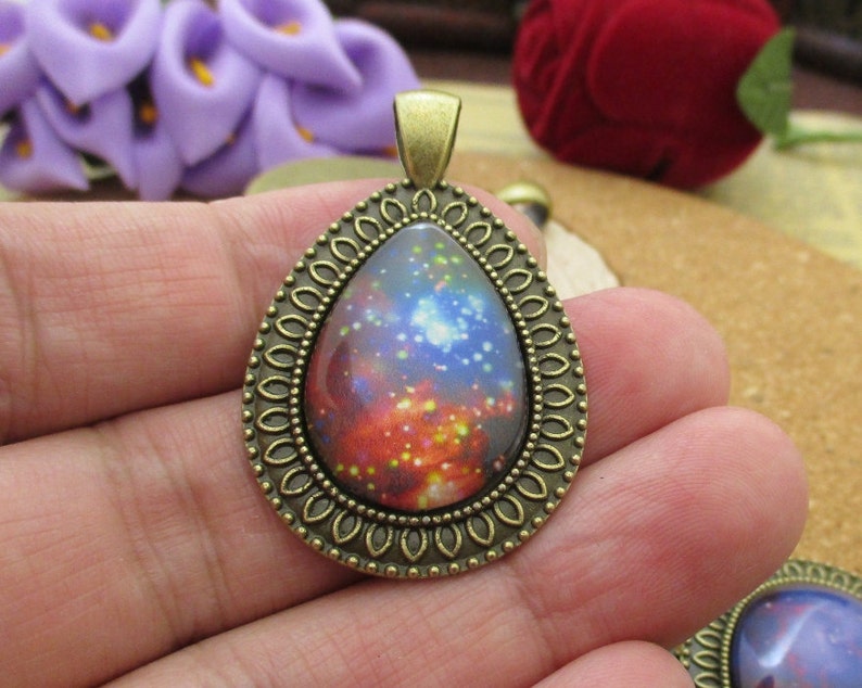 With Beautiful Galaxy Glass Cabochons,10 Styles-b3002 Finished Drop Charm Cameo Cabochon Base Setting Pendant-18\u00d725mm