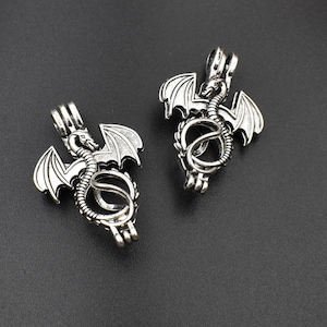 2Pcs 32×23mm Silver Dragon Pearl Cage Pendant for 8mm Pearls or Gemstones-p2322
