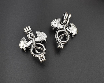 2Pcs 32×23mm Silver Dragon Pearl Cage Pendant for 8mm Pearls or Gemstones-p2322