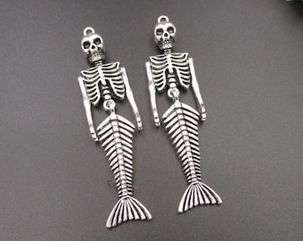 2 dijes de esqueleto de sirena plateados de 75 x 18 mm (piezas que se pueden girar) - p2486