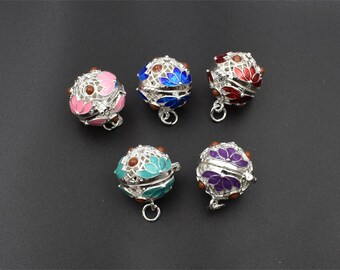 1Pcs 23x22x19mm Round Enamel Lotus Cage Pendant(Fitting a 12-14mm bead),5 Colors Available, Bright Silver Tone-P2709-B