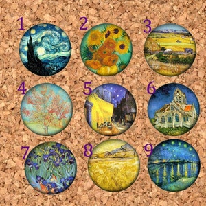 May include: Nine round, colourful, framed images of famous paintings by Vincent van Gogh. The paintings include Starry Night, Sunflowers, Wheatfield with Crows, Almond Blossom, Cafe Terrace at Night, Church at Auvers, Irises, Wheatfield with Cypress, and Starry Night Over the Rhone.