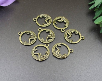 10PCS 15x17mm Mermaid Charms,Round Circle Tag, Antique Bronze Tone 2 Sided-p1527-A