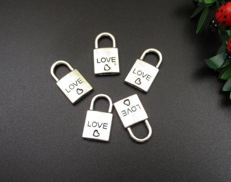 10Pcs 10x20mm Silver Lock Charms, Antique Silver Tone 2 Sided Padlock a Heart-p1283-B image 1