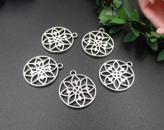 10Pcs 20x22mm fleur argent breloques, pendentifs, ronde Flower Tag-p1967