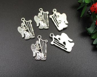 10PCS 22x13mm Silver Angel Charms With a Harp-p1523