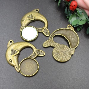 5 pezzi da 16 mm con base cabochon per cammeo rotondo, ciondoli a forma di delfino, tonalità bronzo antico - b2148