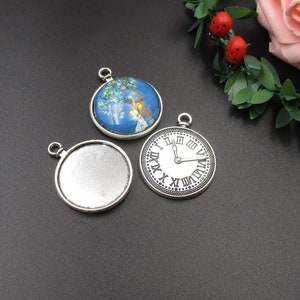 5pcs 25mm Round Blank Pendant Trays,Clock Charms, Tray Cabochon Settings,Fitting 25mm Round Cabochons,Antique Silver Tone-b2143-B