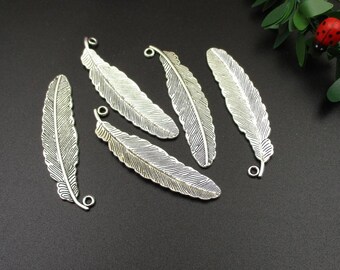 10Pcs 15x52mm vente plume breloques argent vieilli ton-p1262-B