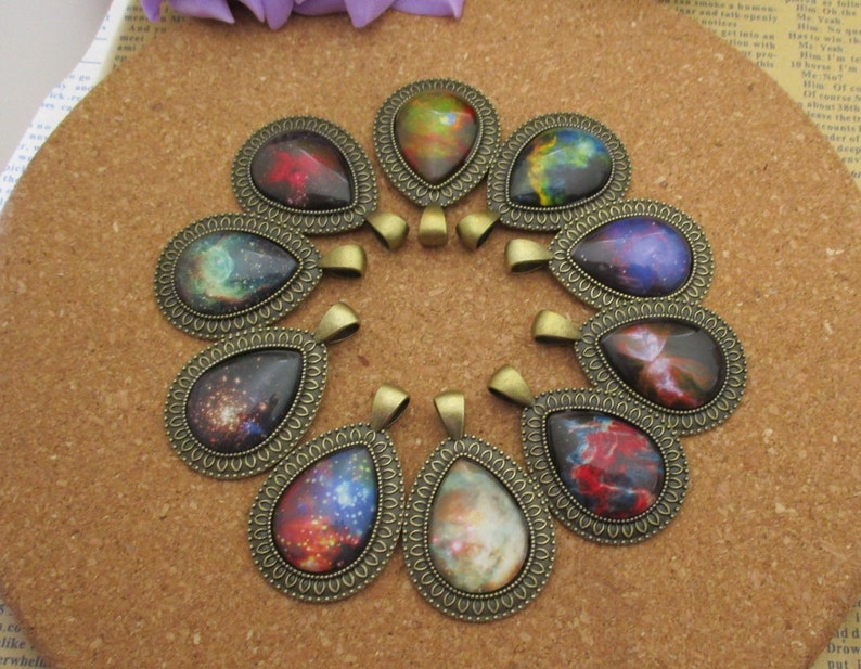 With Beautiful Galaxy Glass Cabochons,10 Styles-b3002 Finished Drop Charm Cameo Cabochon Base Setting Pendant-18\u00d725mm