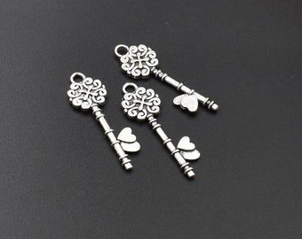 20Pcs 34x11mm Silver Key Charms 2 Sided - p1372