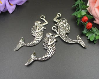 5PCS 75x32mm Large Mermaid Charms Antique Silver Tone With Great Detail-p1533-B