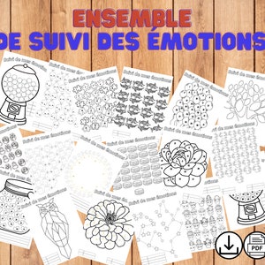 May include: A collection of black and white printable worksheets with various illustrations, including a gumball machine, flowers, and an owl. The text "ENSEMBLE DE SUIVI DES ÉMOTIONS" is displayed at the top. PDF and download icons are visible.