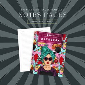 Peut inclure: Un cahier et une page de notes lignées sont présentés sur un fond gris avec des lignes radiales. La couverture du cahier présente une illustration pop art d'une femme aux cheveux turquoise et aux lunettes de soleil en forme de cœur. Le texte "2024 NOTEBOOK" est en haut.