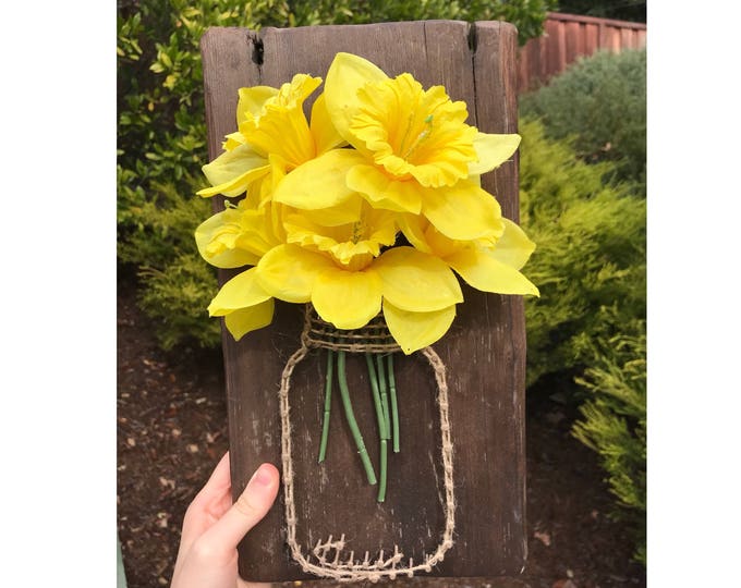 Flower Mason Jar// Daffodil// String Art// Wooden Sign Etsy