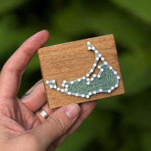 May include: A rectangular wooden plaque featuring a string art design of a geographic landmass. The outline is created with white nails and light green thread, forming a dense, crisscrossed pattern within the shape on a stained wood base.