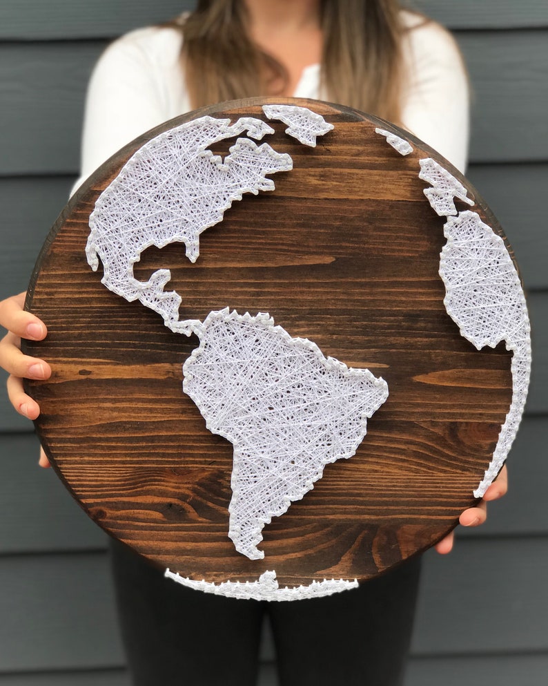 Round World World Map Travel Gift Adventure Handmade String Art Wooden Sign