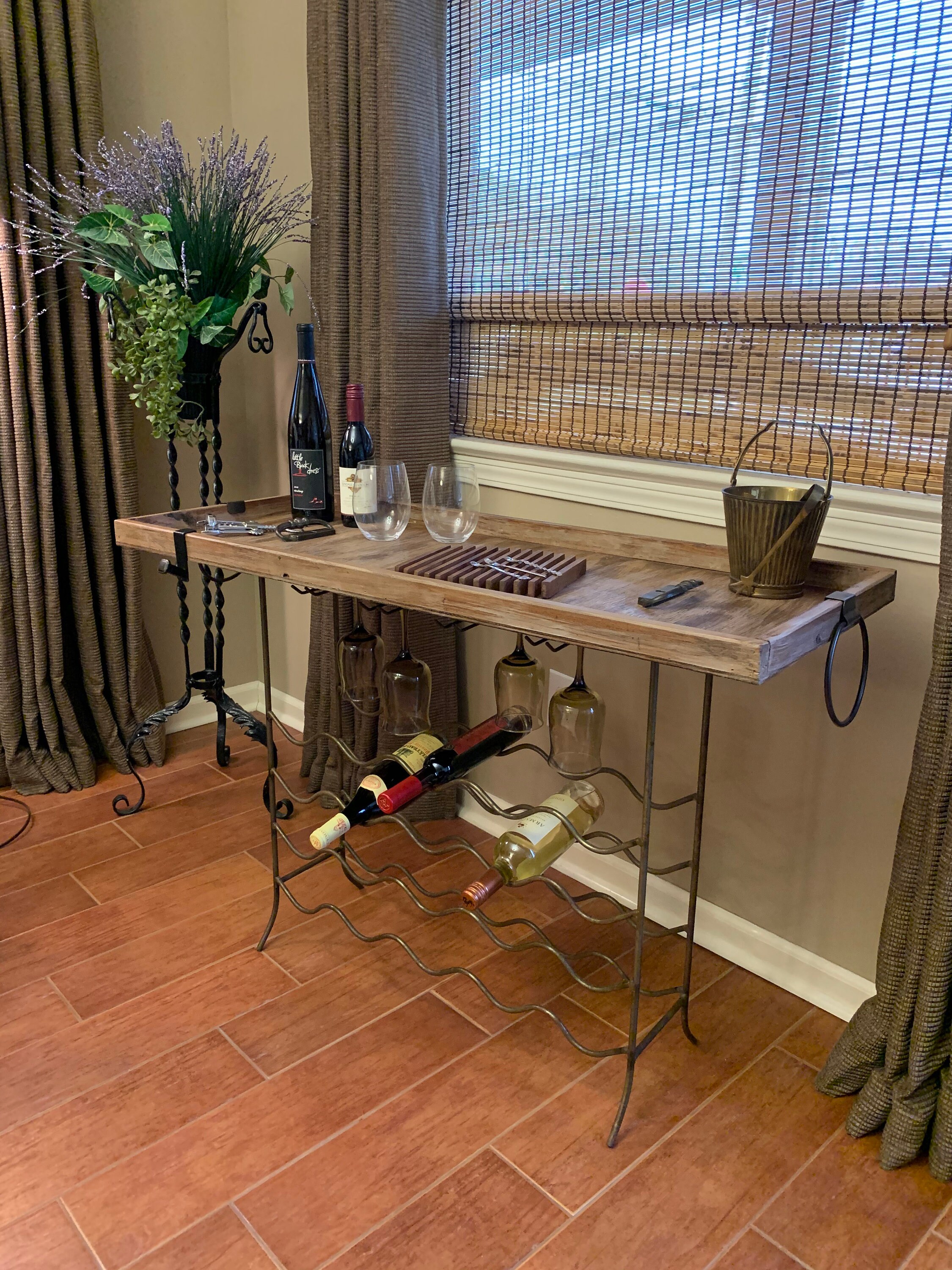 Wood Iron Bar Table Stand Wine Rack Glasses Bottles Bathroom Towel