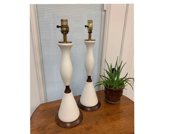 Pair MCM Table Lamps White Walnut/Teak Ceramic White Atomic Modern