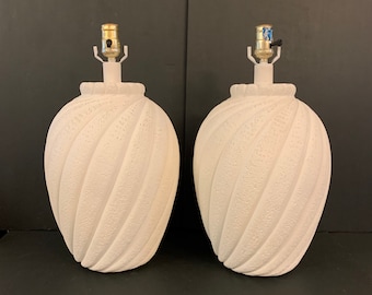 Pair Postmodern White Swirl Plaster Table Lamps Large Vintage Texture