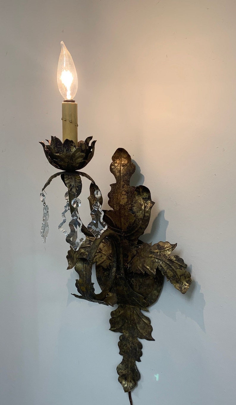 Large Pair of Spanish Colonial Wall Sconces Tin Crystal Acanthus Leaf