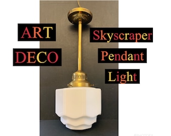 SOLD Vintage Art Deco Brass and Milk Glass Skyscraper Pendant Light Fixture Metal