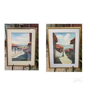 Pair Original Signed Watercolor Painting Framed A X Blanco Lake Village Mexico Large Numbered