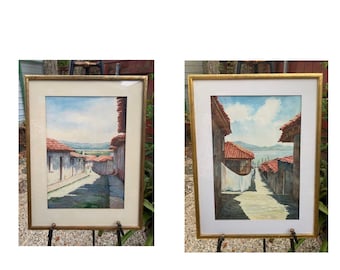 Pair Original Signed Watercolor Painting Framed A X Blanco Lake Village Mexico Large Numbered