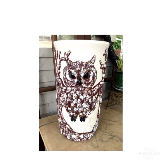 Ceramic Owl Umbrella Stand Vase White Brown Vintage Etsy