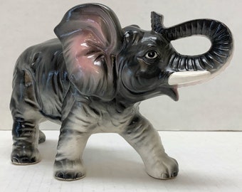 Vintage Ceramic Elephant Figurine Statue  Japan Japanese Animal Grey Pink Boho