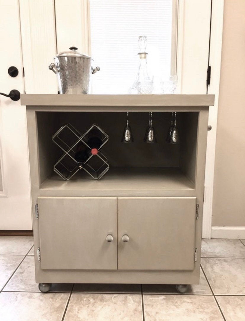Wood Bar Liquor Cart on Wheels Painted Grey Chrome Etsy