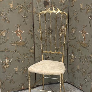Vintage Chiavari Brass Dining Desk Vanity Chair High Back Italian Faux Fur