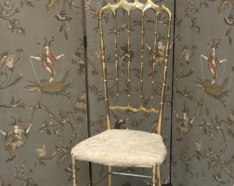 Vintage Chiavari Brass Dining Desk Vanity Chair High Back Italian Faux Fur