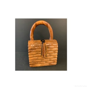 Timmy Woods Faux Bamboo Purse Acacia Wood Vintage Crossbody Beaded Tassel Beverly Hills Handcrafted