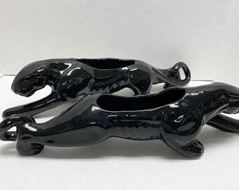 Pair MCM Ceramic Black Panther Planters Vintage Boho Animal