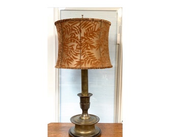 Postmodern Brass Table Lamp Lampshade Velvet Copper Frederick Copper Vintage Heavy 3-Way Metal