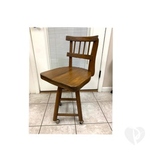 Stool Chair Swivel Rolling Wheels Office Desk Vanity  Wood Craftsman Spindle Back Vintage