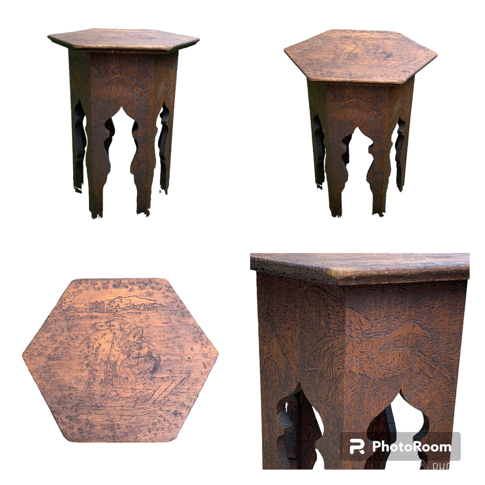 Antique Wood Hexagonal Pyrography Carved Asian Moorish Table Plant ...