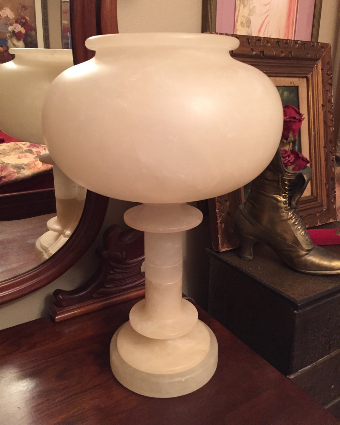 Antique Italian Carved Alabaster Table Lamp REWIRED Art Deco Lampshade