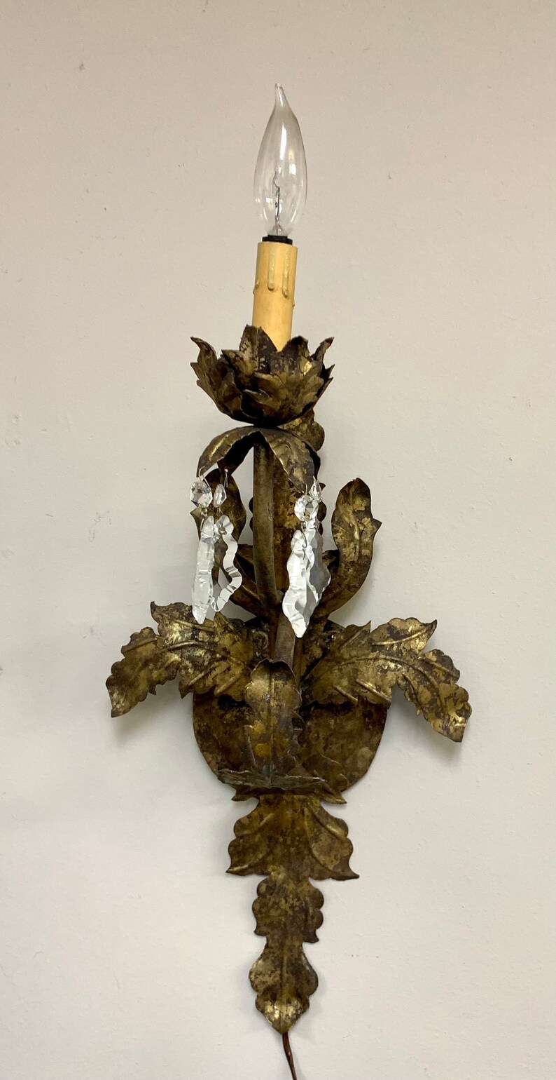 Large Pair of Spanish Colonial Wall Sconces Tin Crystal Acanthus Leaf