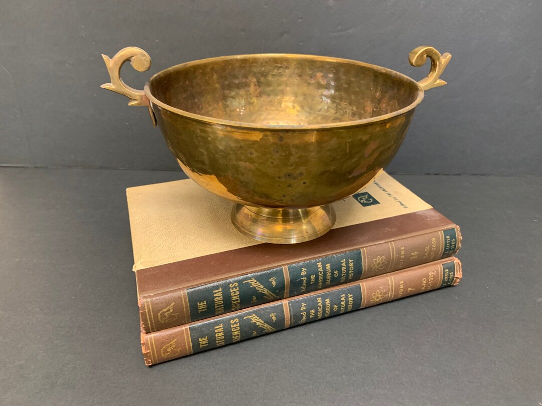 Hammered Brass Bowl Compote Pedestal Round Vintage Hollywood Etsy