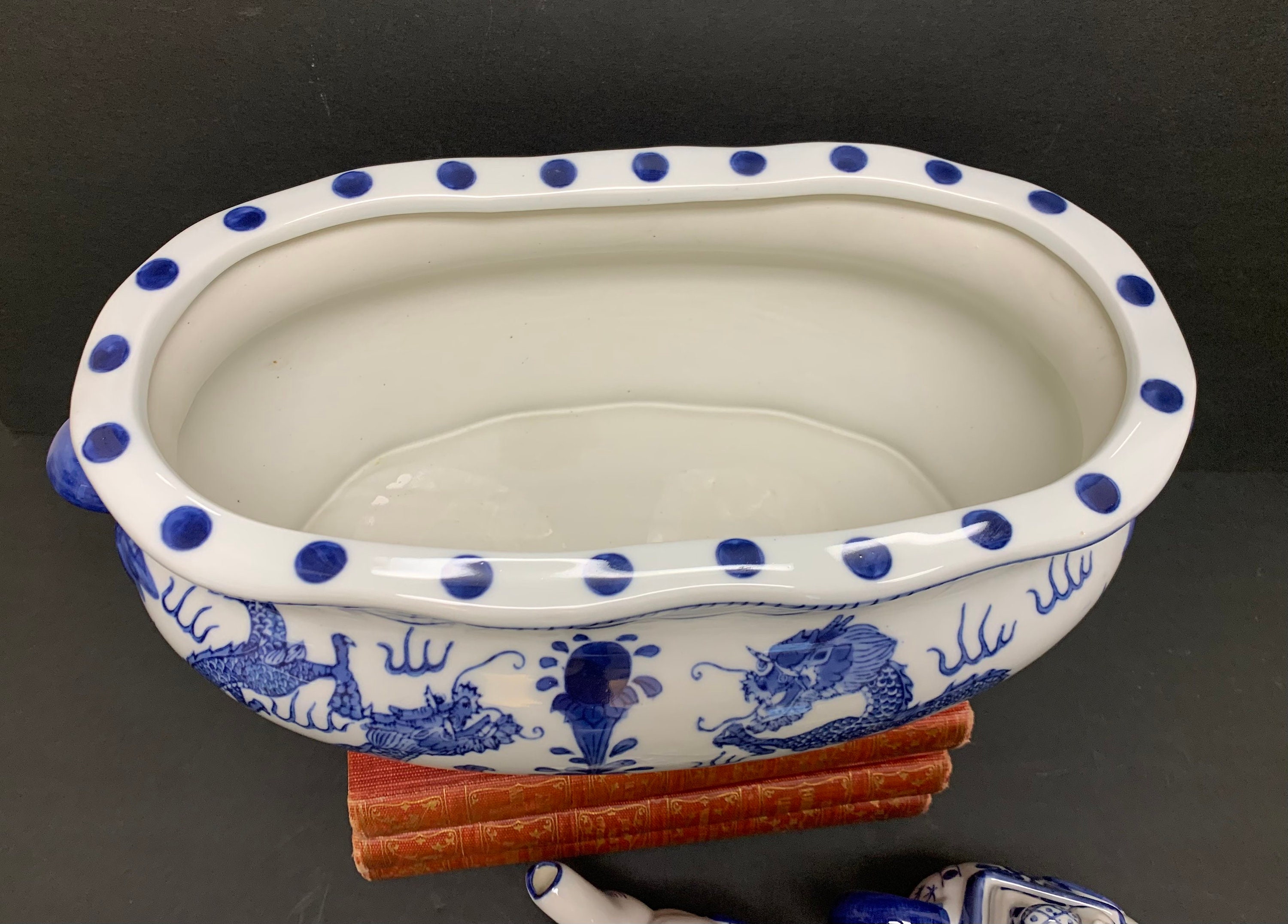 Blue White Oval Orchid Pot Jardiniere Planter Chinoiserie Foot Bath