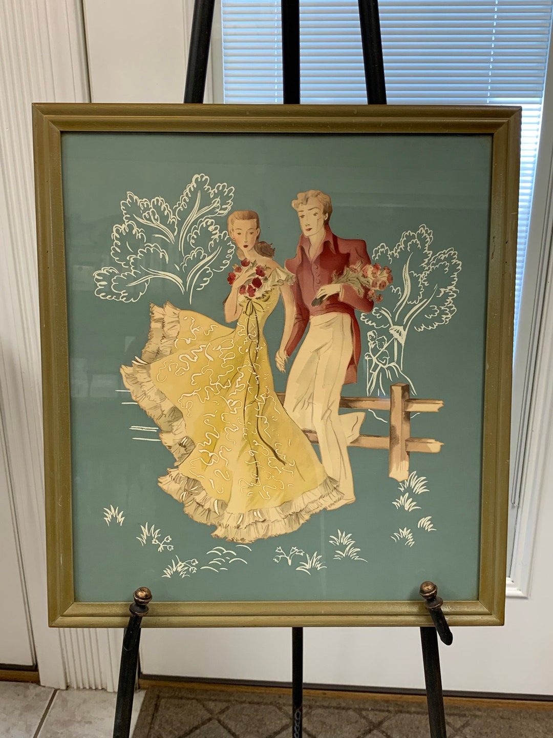 Pair Art Deco Prints Stylized Man Woman Framed Wall Decor Pictures ...